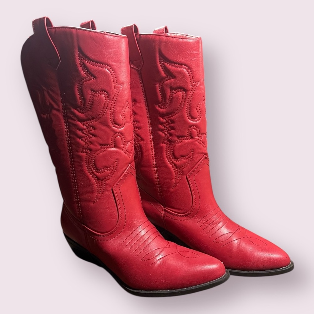 Dream Pairs Red Western Cowboy Boots Womens 7 Pointed Toe Mid Calf  Pull on